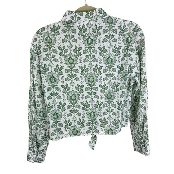 ASCOLLECTION NWT Green White Floral Cotton Tencel Cropped Button Up Blouse Sz M - Picture 2 of 8